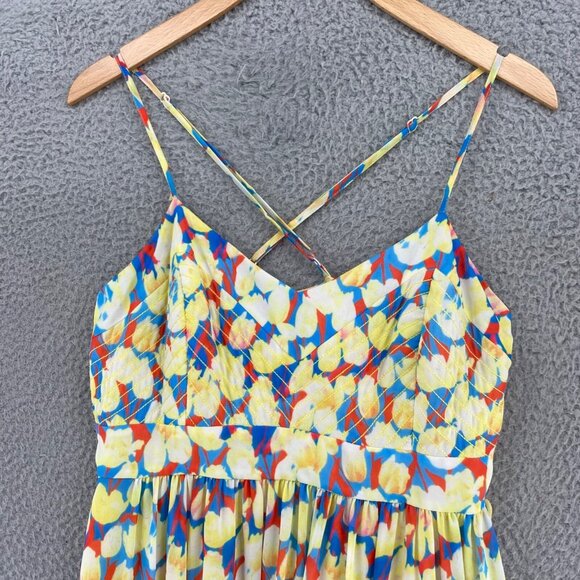 Badgley Mischka Dress Womens 8 Yellow Blue Multi Floral Ombre Maxi Flowy Ruched* - Picture 2 of 12